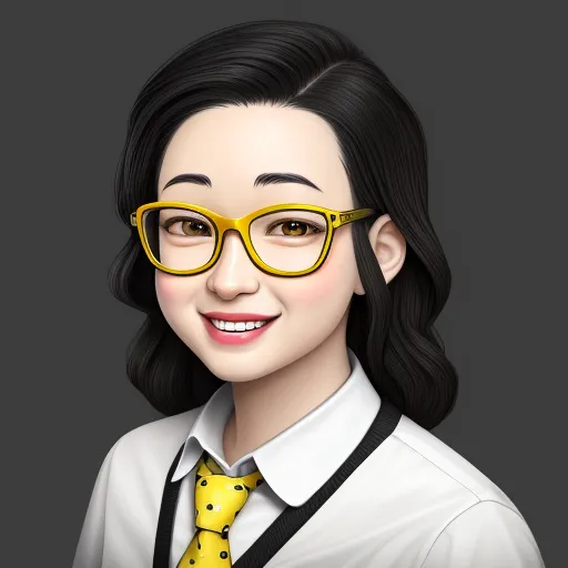 a digital portrait of a woman wearing glasses and a yellow tie and a white shirt and black vest with polka dots, by Lois van Baarle
