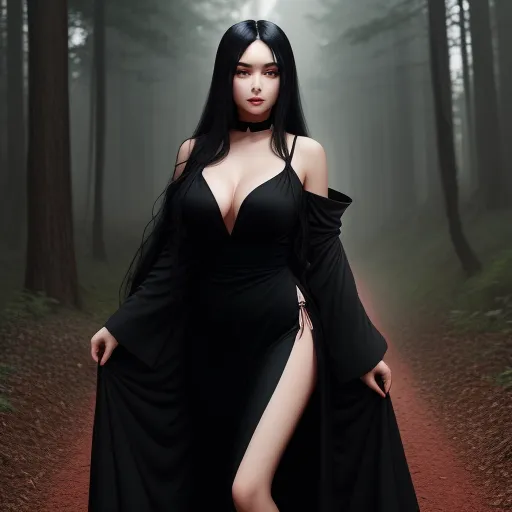 4k to 1080p converter - a woman in a black dress is standing in the woods with a long black dress on her body and a slited skirt on her leg, by Sailor Moon