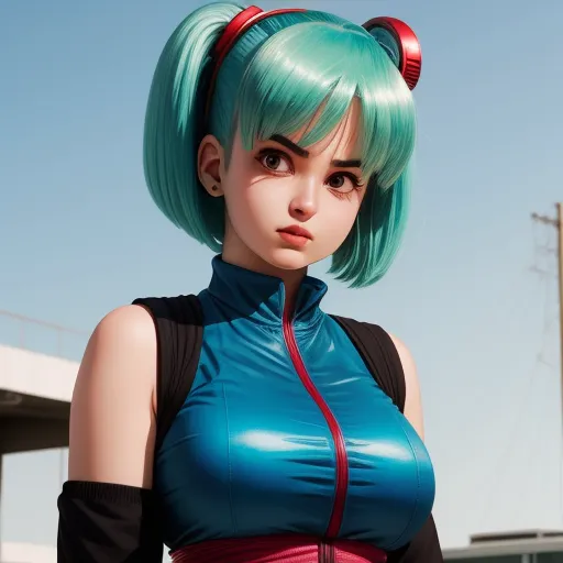 a woman with green hair and a blue top is standing in front of a building and a bridge with a sky background, by Akira Toriyama