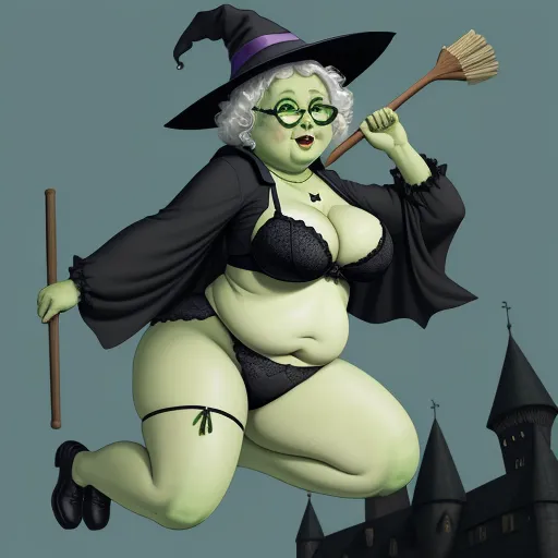 text image generator ai - a cartoon of a woman dressed as a witch with a broom and a hat on her head and a black bra, by Amédée Guillemin