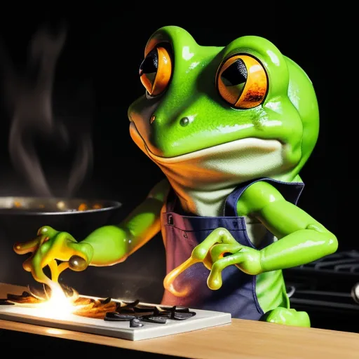 photo files frog cooking sour, near frog is men and book cook
