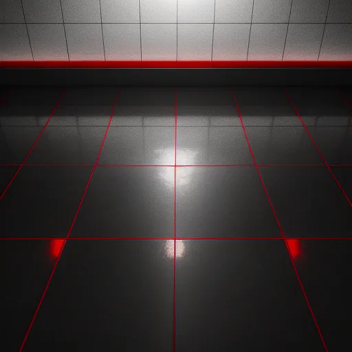 a room with a red light shining in the middle of it and a black floor with red lines on it, by Toei Animations