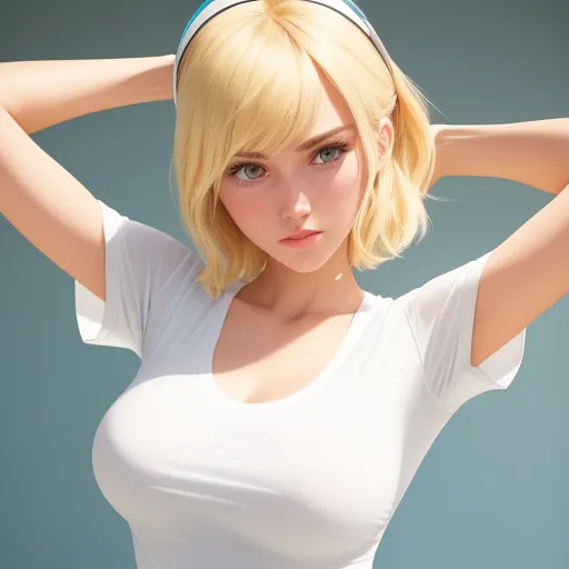 best ai image app - a woman with blonde hair and a white shirt is posing for a picture with her hands on her head, by Terada Katsuya