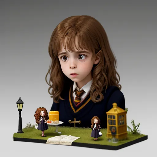 a girl with long hair and a school uniform is standing in front of a fake book and a lamp post, by Mark Ryden