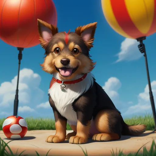 a dog sitting next to a ball on a field of grass and grass with red and yellow balls in the background, by Pixar Concept Artists
