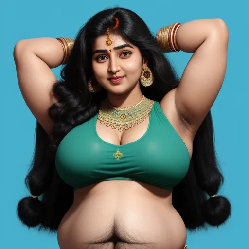 photo converter - a woman in a green bikini posing for a picture with her hands on her head and her hands on her head, by Raja Ravi Varma