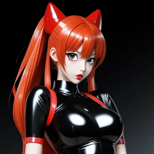 4k resolution converter picture - a woman with long red hair and black catsuits is posing for a picture in a black catsuit, by Leiji Matsumoto