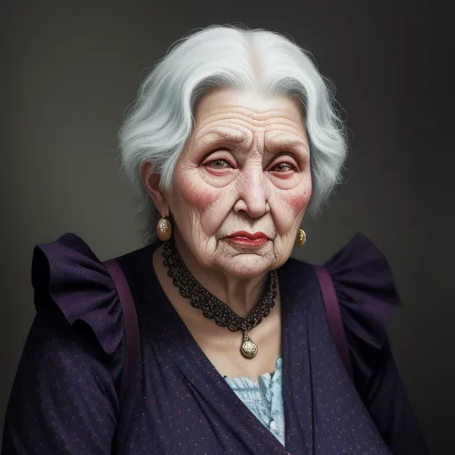 what is high resolution photo - an old woman with white hair and a necklace on her neck and a purple shirt on her shoulders, wearing a purple top, by Hendrick Goudt
