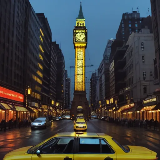 a yellow car driving down a street next to tall buildings with a clock tower in the background at night, by Arthur Quartley