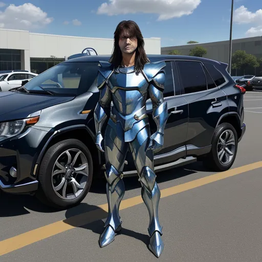 a woman in a futuristic suit standing in front of a car in a parking lot with a futuristic suit on, by Terada Katsuya