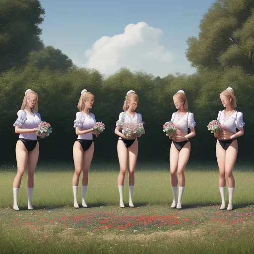 a group of women in short skirts and high heels standing in a field with flowers in their hands and holding bouquets, by Aron Wiesenfeld