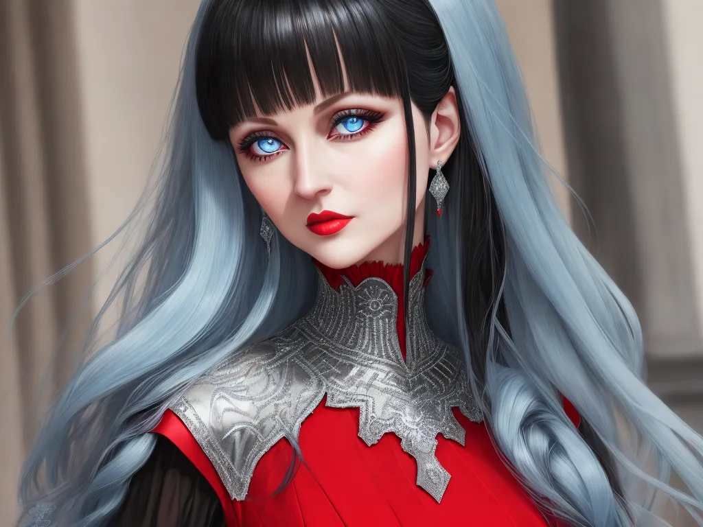 a digital painting of a woman with long hair and blue hair wearing a red dress and earrings with a silver and black hair, by Leiji Matsumoto