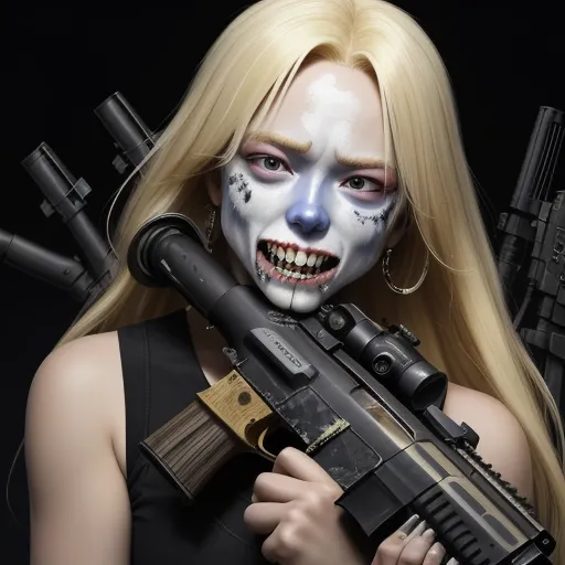 best photo ai enhancer - a woman with makeup and makeup art holding a gun and gun in her hands, with guns in the background, by Terada Katsuya