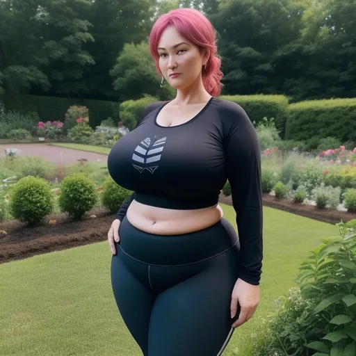 ai image generators - a woman with pink hair and a black top is posing in a garden with a green lawn and bushes, by Terada Katsuya