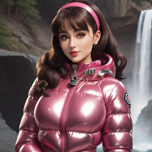 convert photo to 4k - a woman in a shiny pink jacket standing in front of a waterfall with a pink headband on her head, by Hirohiko Araki