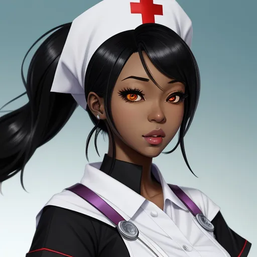 a cartoon character with a red cross on her head and a white cap on her head and a black hair, by Lois van Baarle