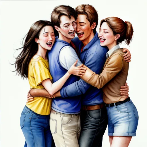 a painting of a group of people hugging each other with their arms around each other and smiling at the camera, by Chen Daofu