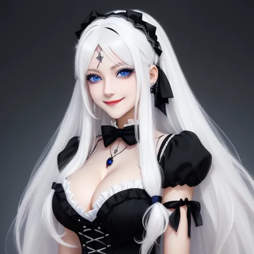 a woman with long white hair and blue eyes wearing a black corset and a black dress with white hair, by Chen Daofu