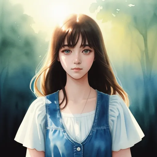 ai text image generator - a painting of a girl with long hair and blue overalls in a forest with trees and grass, with the sun shining through the trees, by Liu Ye