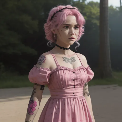 a woman with pink hair and tattoos on her arm and shoulder, standing in a park with trees in the background, by Gregory Crewdson