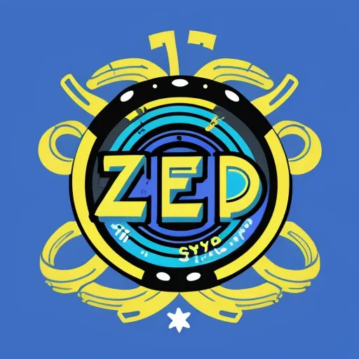 a blue and yellow logo with the word zed in the middle of it and a circular design in the middle, by Rebecca Sugar