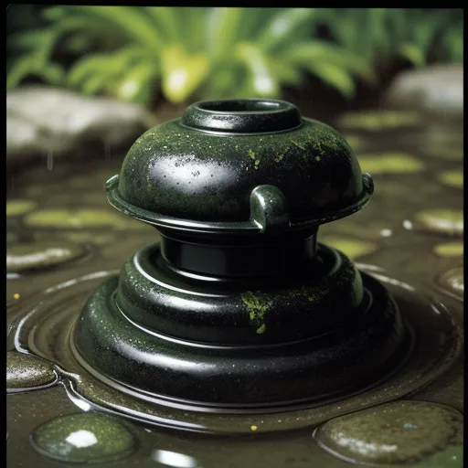 a black vase sitting on top of a puddle of water next to a plant with green leaves in the background, by Hiroshi Sugimoto