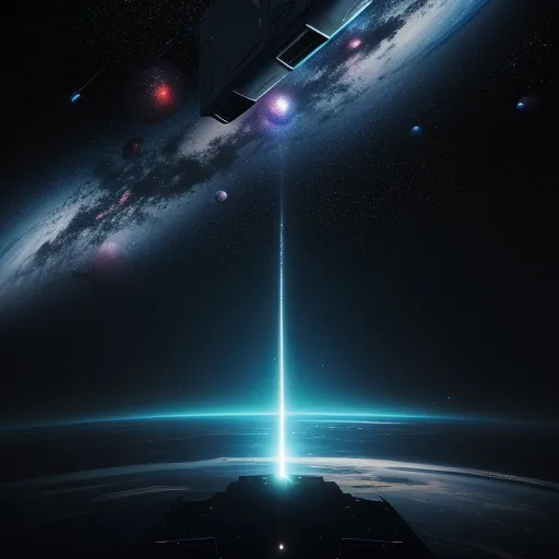 make a picture 4k online - a space station with a bright beam in the middle of the space between two planets and a distant star, by Christopher Balaskas