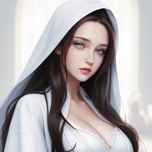 convert photo to high resolution - a woman with long hair wearing a white robe and a white hoodie with a hood on her head, by Hsiao-Ron Cheng
