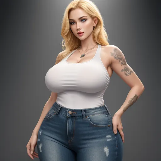 a woman with tattoos and a white tank top posing for a picture in jeans and a tank top with a tattoo on her arm, by Akira Toriyama