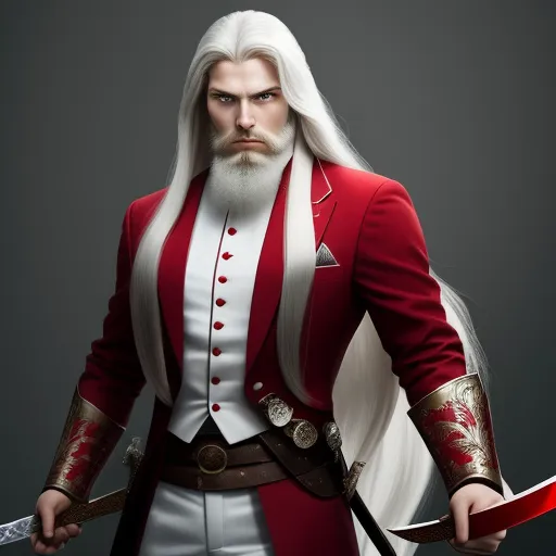 low quality photos - a man in a red and white suit holding a sword and a sword in his hand and wearing a red and white outfit, by François Quesnel