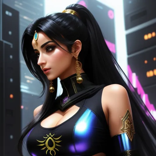 a woman in a futuristic outfit with long black hair and gold jewelry on her neck and chest, standing in a futuristic city, by Terada Katsuya