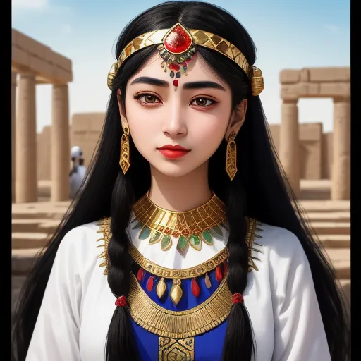 convert photo to high resolution - a woman with long black hair wearing a head piece and a necklace with a red flower on it's head, by Chen Daofu