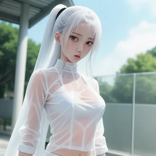 free ai text to image generator - a woman in a white outfit with a veil on her head and a white veil on her head, standing outside, by Chen Daofu