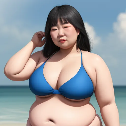 text to image ai free - a woman in a blue bikini standing on a beach with her hand on her head and her right hand on her hip, by Terada Katsuya