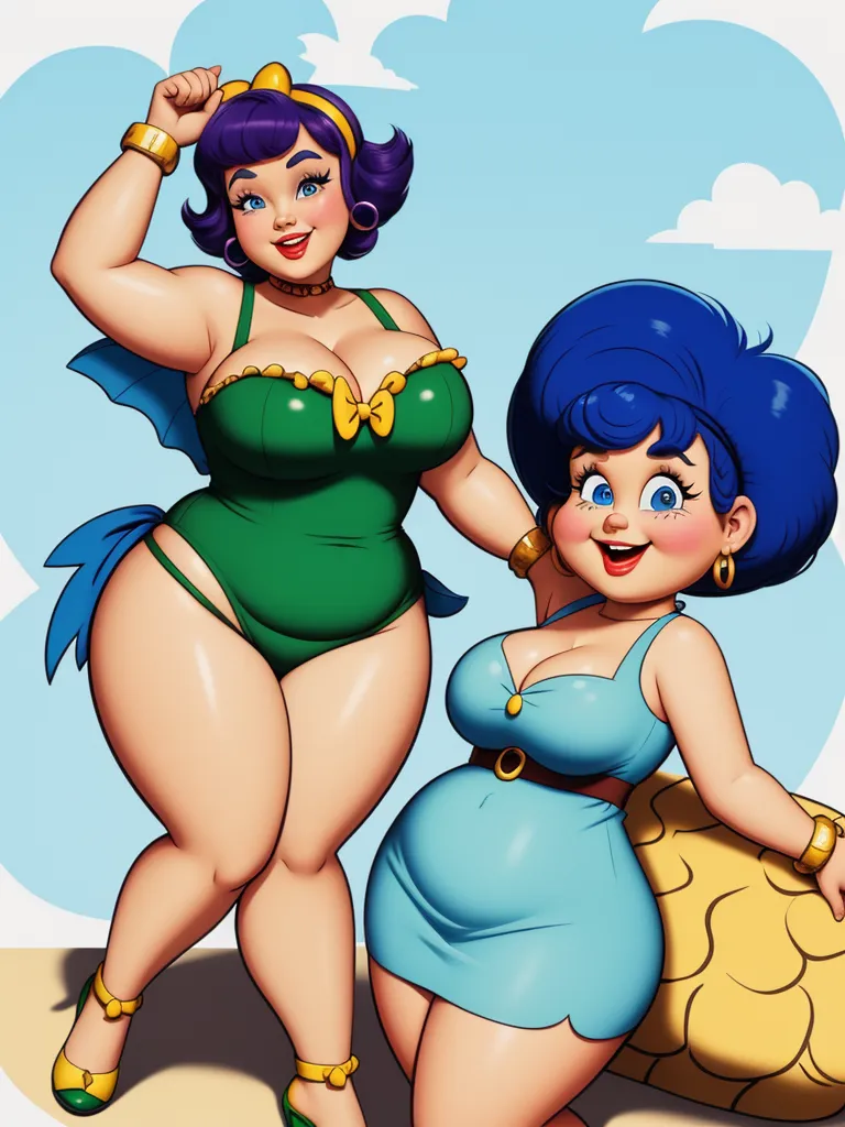 a cartoon of two women in swimsuits posing for a picture together, one of them is holding a turtle, by Hanna-Barbera