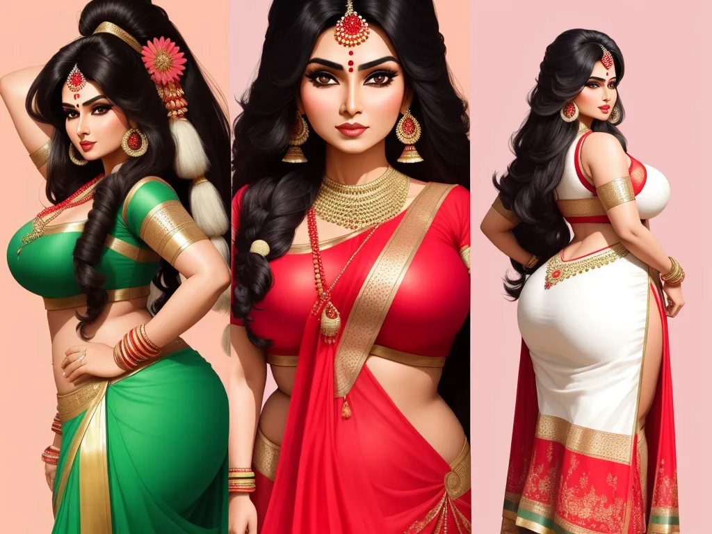 4k picture converter - three different types of indian women in different outfits and hair colors, all wearing different outfits and jewelry,, by Hendrick Goudt