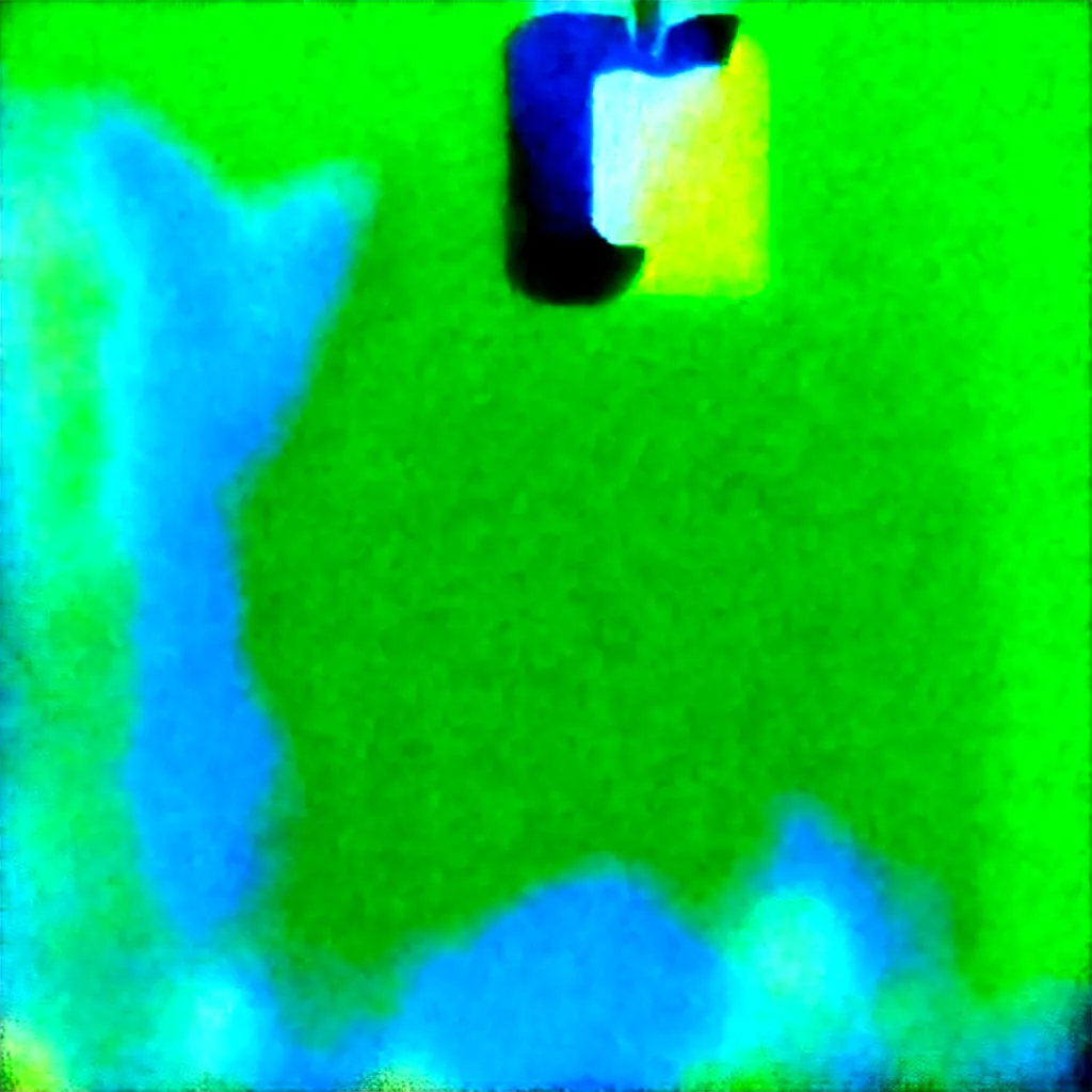 best text to image ai - a blurry picture of an apple logo on a green background with blue and yellow colors and a black frame, by Andy Warhol