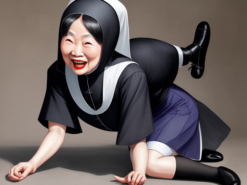 how to make a photo high resolution - a cartoon of a woman dressed in nun costume and holding a black umbrella over her head and smiling at the camera, by Hirohiko Araki