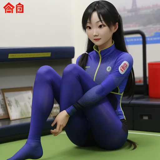 free ai text to image generator - a woman in a blue bodysuit sitting on the ground with her legs crossed and her legs crossed, with a book shelf in the background, by Akira Toriyama
