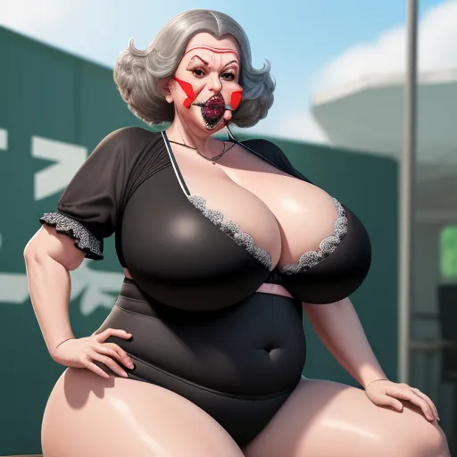 ai image generator from text free - a cartoon of a woman with a clown nose and big breast sitting on a bench with a tennis court in the background, by Hirohiko Araki