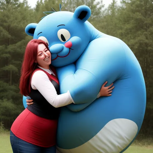 a woman hugging a large blue bear in a field of grass and trees in the background, with trees in the background, by Hanna-Barbera