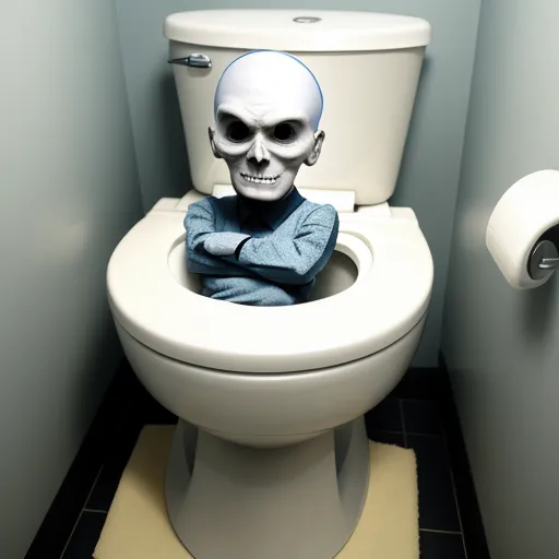 a skeleton head sitting on the back of a toilet seat in a bathroom stall with a roll of toilet paper, by David Firth