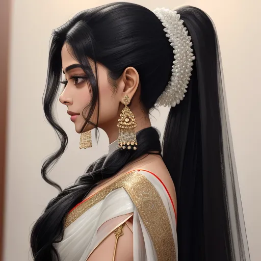 a woman with long black hair wearing a white dress and gold jewelry and a veil on her head, with a white background, by Lois van Baarle