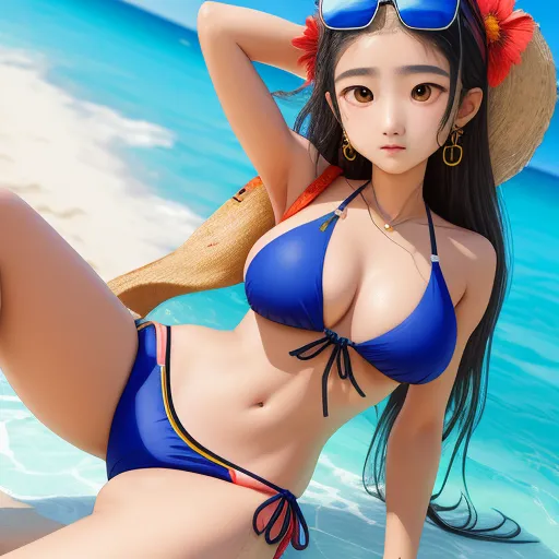 a woman in a bikini and hat on a beach with a hat on her head and sunglasses on her head, by Toei Animations