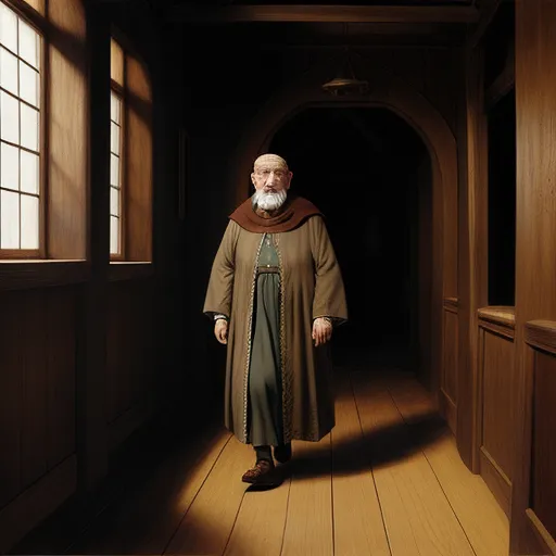 a man in a long coat standing in a dark hallway with a long coat on his shoulders and a long beard, by Geertgen tot Sint Jans