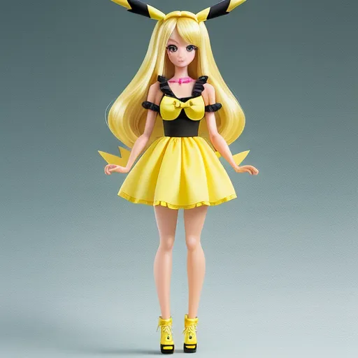 ai image generators - a doll with long blonde hair and a black and yellow dress and yellow shoes is standing in front of a gray background, by Ken Sugimori