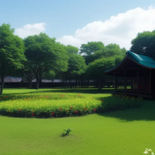 change image resolution online - a small building in a grassy area with trees and flowers around it and a green roof over the building, by Toei Animations