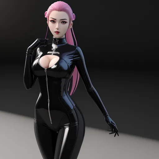 a woman in a black catsuit with pink hair and a black top with a pink ponytail and a black collar, by Sailor Moon