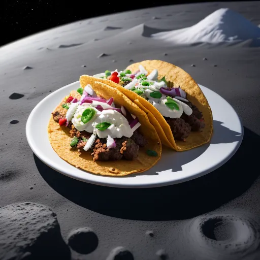 two tacos on a plate on the surface of the moon, with a mountain in the background, with a snow - capped, by Filip Hodas
