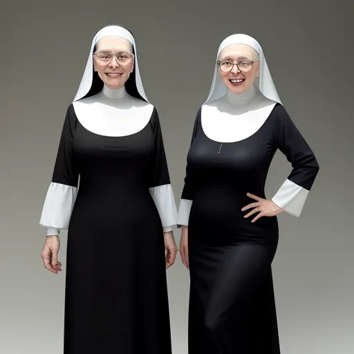 photo converter - two women in nun costumes posing for a picture together, both wearing black and white dresses and one wearing a white collar, by Hugo van der Goes